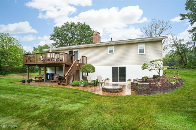 3145 Franks Rd, Clinton, OH 44216 - rear view of house with stairs, a wooden deck, a patio, a yard, and a chimney