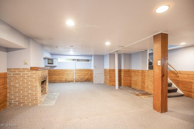 2611 Exeter Rd, Cleveland Heights, OH 44118 - basement featuring carpet flooring, wood walls, a wainscoted wall, stairs, and recessed lighting
