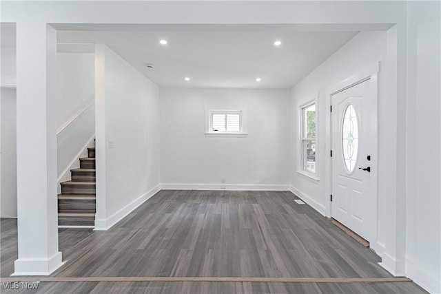 3414 Virginia Ave, Cleveland, OH 44109 - foyer with stairs, dark wood-style floors, and recessed lighting