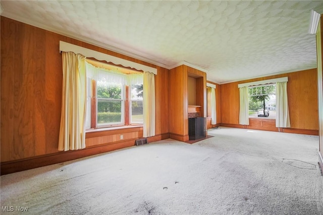 1237 Center St, Ashland, OH 44805 - unfurnished living room with carpet flooring, a fireplace, wooden walls, and crown molding