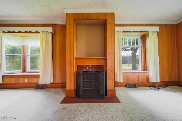 1237 Center St, Ashland, OH 44805 - unfurnished living room featuring carpet flooring, ornamental molding, wood walls, and a fireplace