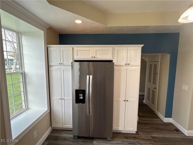 10545 Main St, Norwich, OH 43767 - kitchen featuring stainless steel fridge with ice dispenser, white cabinetry, dark wood-style flooring, and recessed lighting