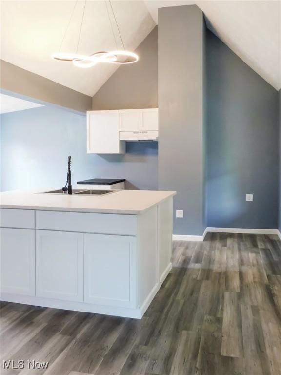 1229 W 45th St, Ashtabula, OH 44004 - kitchen with lofted ceiling, dark wood finished floors, white cabinets, under cabinet range hood, and light countertops