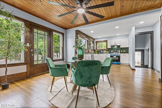 3549 Kent Rd, Stow, OH 44224 - dining area featuring plenty of natural light, ceiling fan, light wood finished floors, and wood ceiling