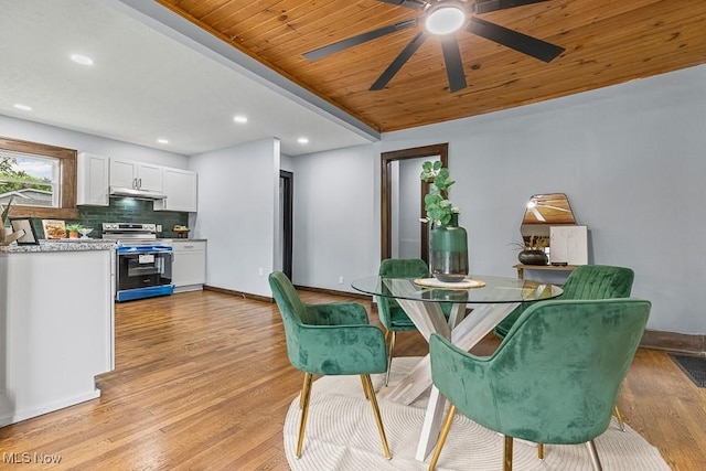 3549 Kent Rd, Stow, OH 44224 - dining space with ceiling fan, light wood finished floors, wooden ceiling, and recessed lighting