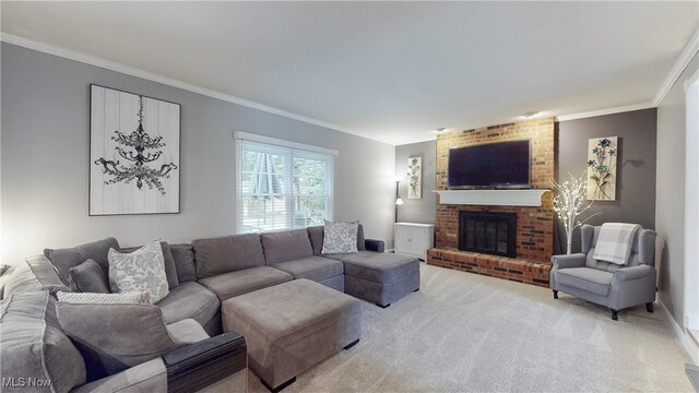 4314 Cheval Cir, Stow, OH 44224 - carpeted living area with crown molding and a brick fireplace