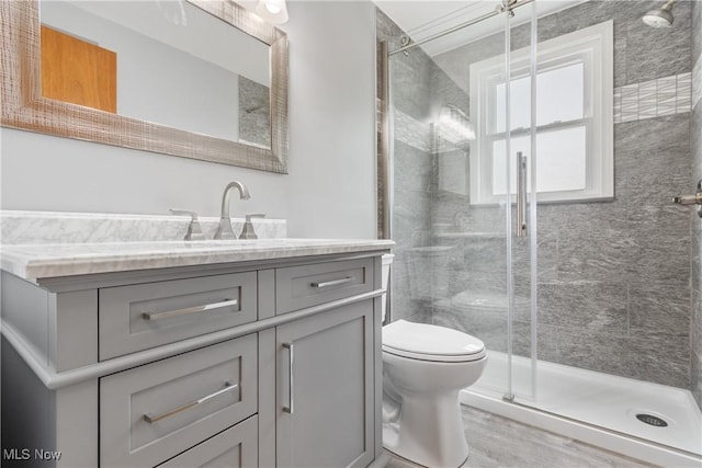 541 Broad St, Wadsworth, OH 44281 - bathroom featuring vanity, a shower stall, and wood finished floors