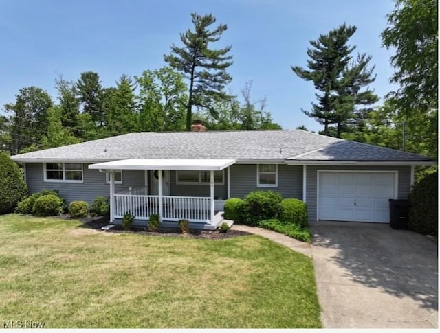 132 Highland Acres, Bloomingdale, OH 43910 - ranch-style home with a porch, an attached garage, concrete driveway, a front lawn, and a chimney