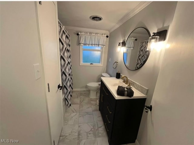 132 Highland Acres, Bloomingdale, OH 43910 - bathroom with marble look tiles, vanity, crown molding, and curtained shower