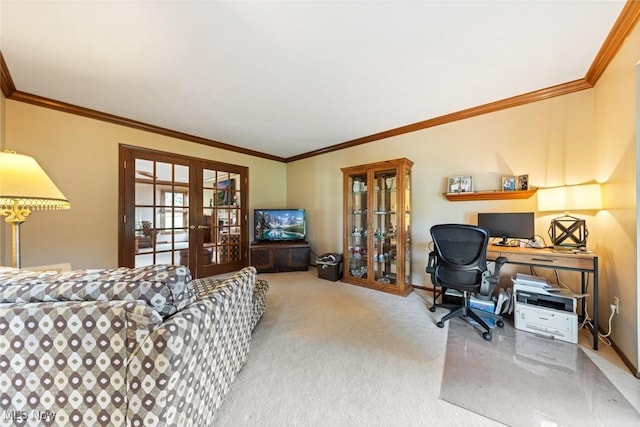 7700 Sparrow Flight Dr, Seven Hills, OH 44131 - office with french doors, ornamental molding, and carpet flooring