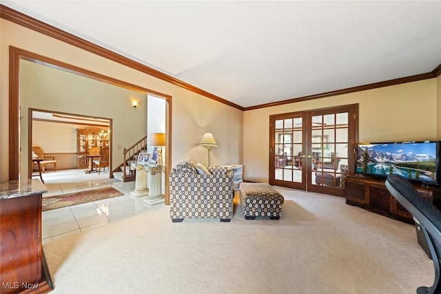 7700 Sparrow Flight Dr, Seven Hills, OH 44131 - carpeted living area with french doors, ornamental molding, stairs, and tile patterned floors