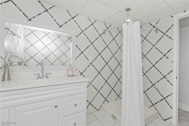 4938 N Sedgewick Rd, Lyndhurst, OH 44124 - bathroom featuring vanity, a shower stall, and a drop ceiling