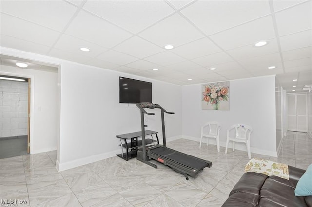 4938 N Sedgewick Rd, Lyndhurst, OH 44124 - workout area with marble tiled floors, recessed lighting, and a paneled ceiling