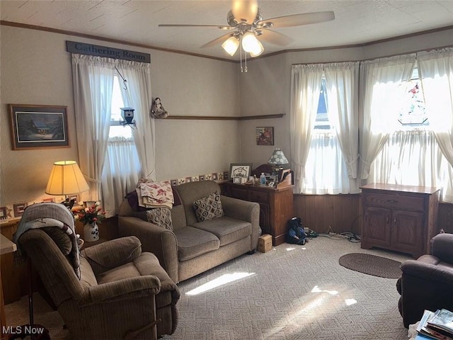 330 E Main St, East Palestine, OH 44413 - living area with a ceiling fan, carpet floors, and ornamental molding