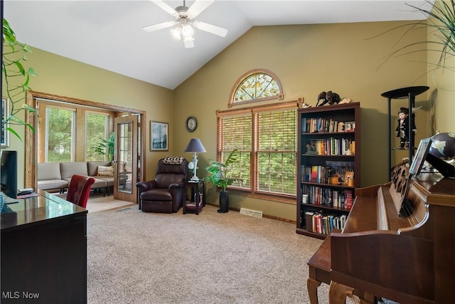 637 N Ridgecliff St, Tallmadge, OH 44278 - office area featuring ceiling fan, carpet flooring, and high vaulted ceiling