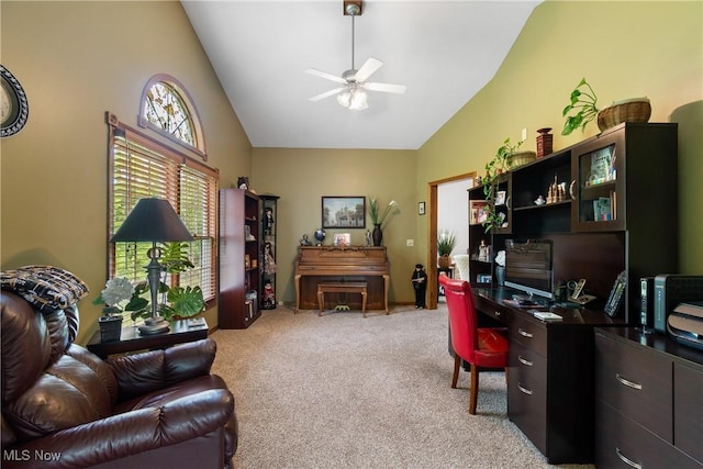 637 N Ridgecliff St, Tallmadge, OH 44278 - home office featuring ceiling fan, light colored carpet, and high vaulted ceiling
