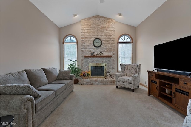 7876 Walnut St Unit B, Boardman, OH 44512 - living room featuring lofted ceiling, plenty of natural light, light colored carpet, and a brick fireplace