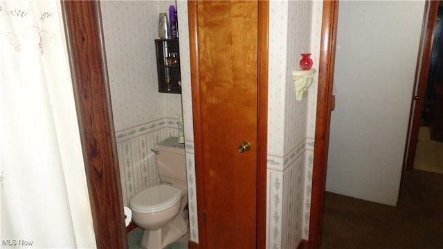 3981 Washington School Rd, New Cumberland, WV 26047 - bathroom with wallpapered walls and toilet