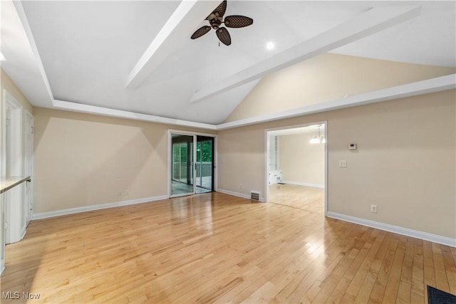 3965 Ellendale Rd, Chagrin Falls, OH 44022 - empty room featuring ceiling fan, light wood-type flooring, beam ceiling, and high vaulted ceiling