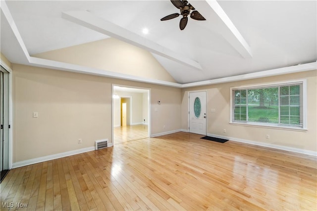 3965 Ellendale Rd, Chagrin Falls, OH 44022 - foyer featuring a ceiling fan, high vaulted ceiling, light wood-style flooring, and beam ceiling