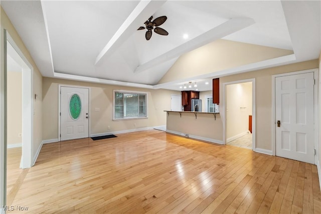 3965 Ellendale Rd, Chagrin Falls, OH 44022 - unfurnished living room featuring a ceiling fan, light wood finished floors, and lofted ceiling