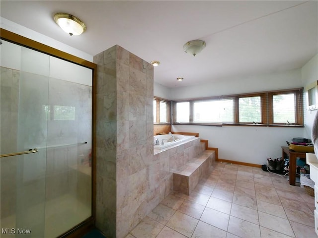 32701 Gundy Ridge Rd, Bowerston, OH 44695 - bathroom featuring a shower stall, a bath, and tile patterned flooring
