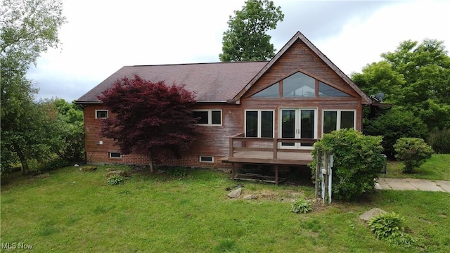 32701 Gundy Ridge Rd, Bowerston, OH 44695 - rear view of house with french doors, a lawn, and a wooden deck