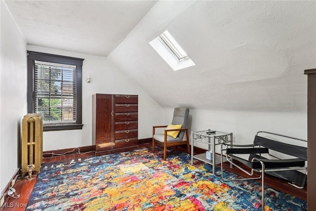 1575 E 108th St, Cleveland, OH 44106 - sitting room featuring a skylight, radiator, wood finished floors, vaulted ceiling, and a textured ceiling