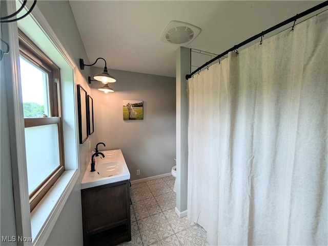 3439 Rough And Ready Rd, New Concord, OH 43762 - bathroom with vanity, tile patterned flooring, and curtained shower
