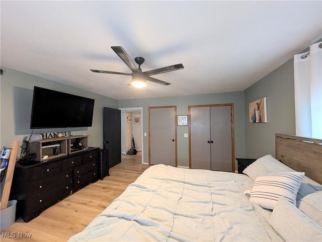 3439 Rough And Ready Rd, New Concord, OH 43762 - bedroom with light wood finished floors, two closets, and a ceiling fan
