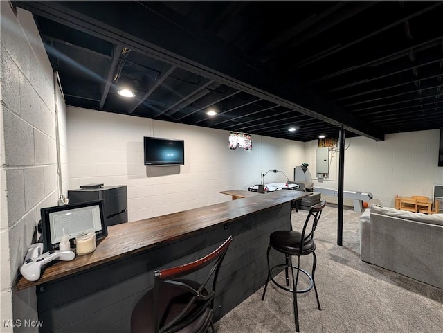 3439 Rough And Ready Rd, New Concord, OH 43762 - indoor dry bar featuring electric panel, carpet floors, and concrete block wall