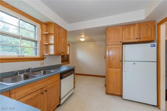 3526 Raymont Blvd, University Heights, OH 44118 - kitchen featuring white appliances, light flooring, open shelves, and dark countertops