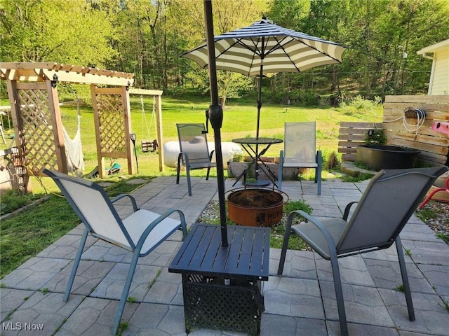 4495 Old River Rd, Philo, OH 43771 - view of patio / terrace featuring an outdoor fire pit, a pergola, and a wooded view