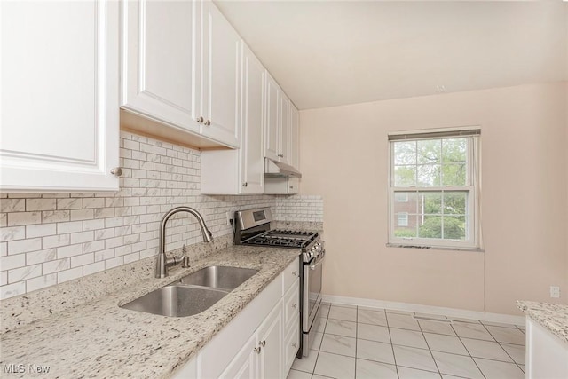 3271 Warrensville Center Rd Unit 4A, Shaker Heights, OH 44122 - kitchen with stainless steel range with gas cooktop, under cabinet range hood, white cabinets, and backsplash