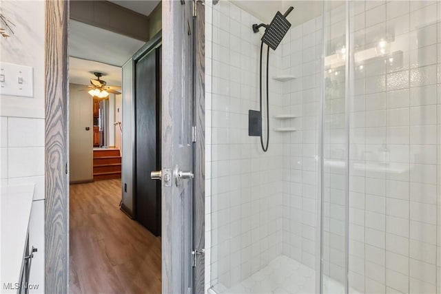 1455 Buckeye Cir, Salem, OH 44460 - full bathroom with a shower stall, wood finished floors, and ceiling fan