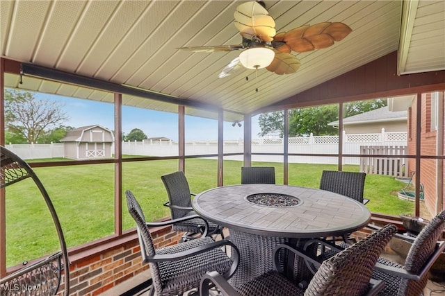 1455 Buckeye Cir, Salem, OH 44460 - sunroom / solarium featuring outdoor dining space, vaulted ceiling, and ceiling fan