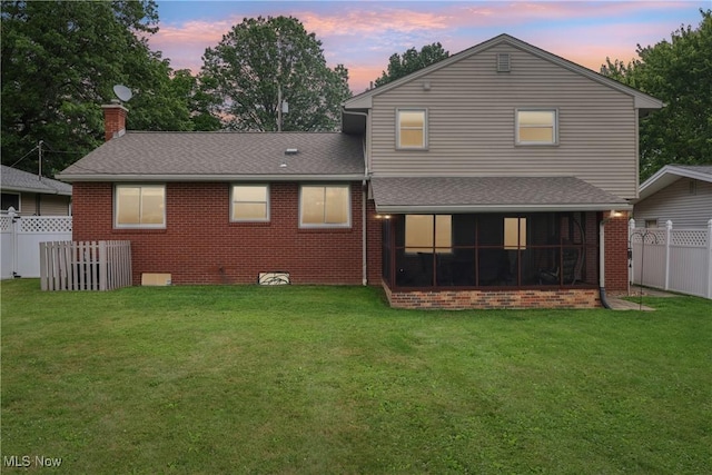1455 Buckeye Cir, Salem, OH 44460 - rear view of property with brick siding, a shingled roof, a sunroom, and a chimney