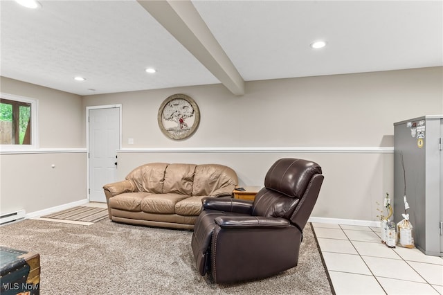 845 Dunny Ave, Sheffield Lake, OH 44054 - living area featuring recessed lighting, baseboard heating, beam ceiling, and light tile patterned floors