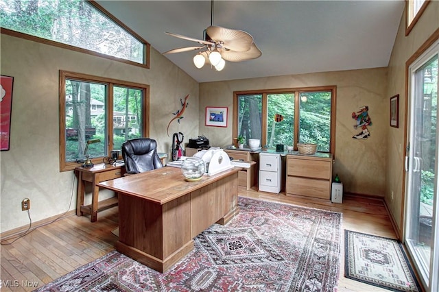 3366 Darrow Rd, Stow, OH 44224 - home office featuring light wood-style flooring, a ceiling fan, and high vaulted ceiling