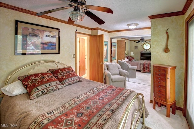 3366 Darrow Rd, Stow, OH 44224 - carpeted bedroom with crown molding, a closet, a textured ceiling, ceiling fan, and a textured wall