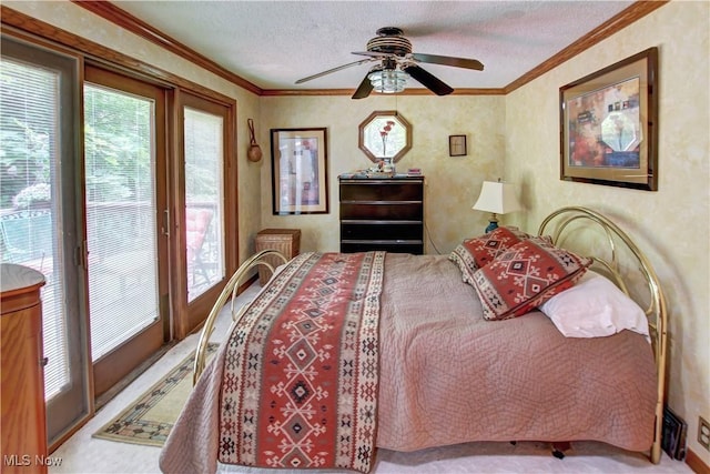 3366 Darrow Rd, Stow, OH 44224 - bedroom featuring a textured ceiling, ornamental molding, access to outside, and a ceiling fan