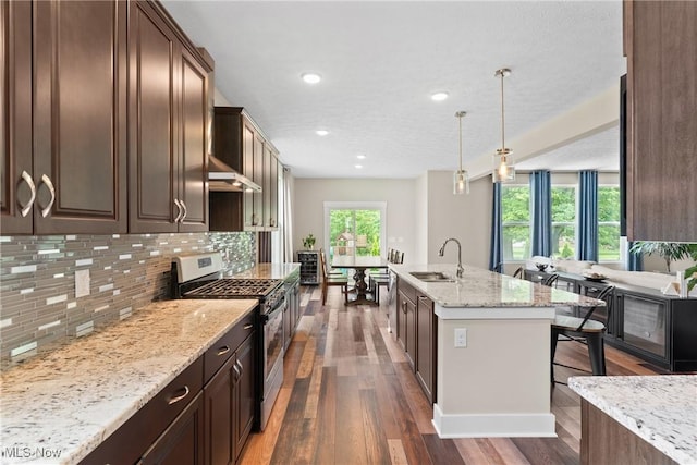 7733 Timber Ave, Hudson, OH 44236 - kitchen featuring stainless steel range with gas cooktop, tasteful backsplash, wood finished floors, and recessed lighting
