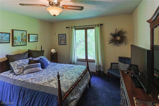 2307 Deerpath Dr, Sandusky, OH 44870 - bedroom with dark carpet, a ceiling fan, and a textured ceiling