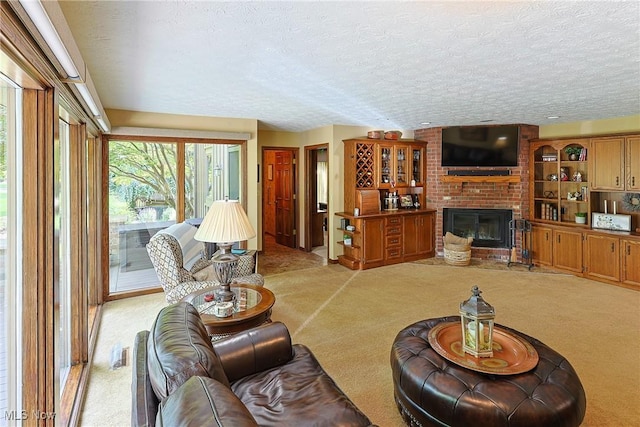 2307 Deerpath Dr, Sandusky, OH 44870 - living area with light carpet, a brick fireplace, and a textured ceiling