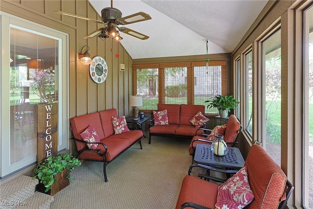 2307 Deerpath Dr, Sandusky, OH 44870 - sunroom with vaulted ceiling, an outdoor living space, ceiling fan, plenty of natural light, and a textured ceiling