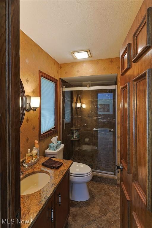 2307 Deerpath Dr, Sandusky, OH 44870 - bathroom with vanity, a shower stall, and a textured ceiling