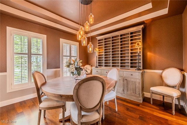 854 Crosstree Ln, Sandusky, OH 44870 - dining space featuring dark wood-style floors and a tray ceiling
