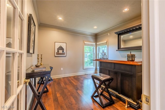 854 Crosstree Ln, Sandusky, OH 44870 - indoor bar with crown molding, dark wood-type flooring, and recessed lighting