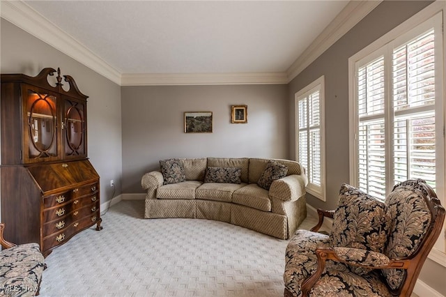 854 Crosstree Ln, Sandusky, OH 44870 - carpeted living room with crown molding and baseboards