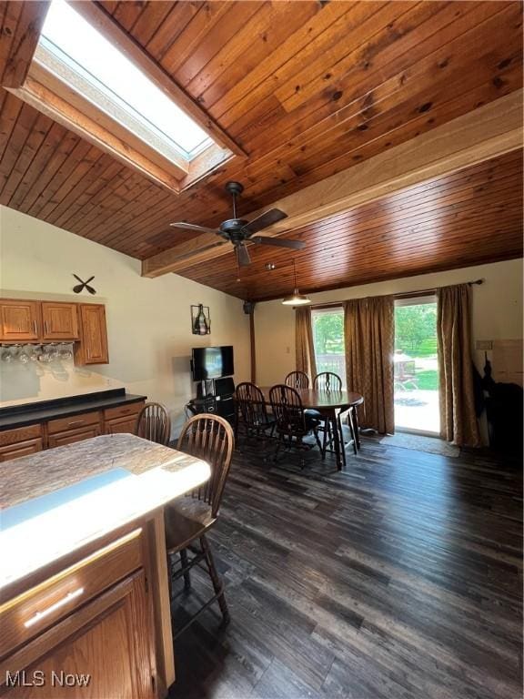 3290 NW Sweitzer St NW, Uniontown, OH 44685 - dining area with wooden ceiling, ceiling fan, a skylight, dark wood-style floors, and vaulted ceiling